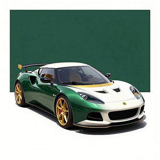 Photograph of a sleek, green and white Ferrari 458 Italia with gold wheels, black roof spoiler, and dark green background.