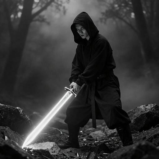 Mysterious Hooded Figure with Glowing Sword