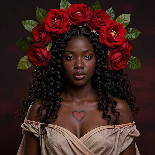 Photograph of a dark-skinned woman with curly black hair, wearing a beige off-shoulder top, red rose flower crown, and heart tattoo