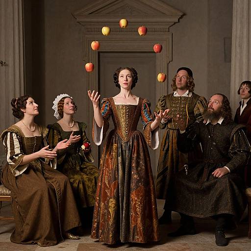 Photograph of five people in Renaissance-style clothing, with a central woman holding an apple, surrounded by floating apples in a classical, dimly-lit