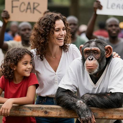 Cheerful Woman and Chimpanzee in Crowd
