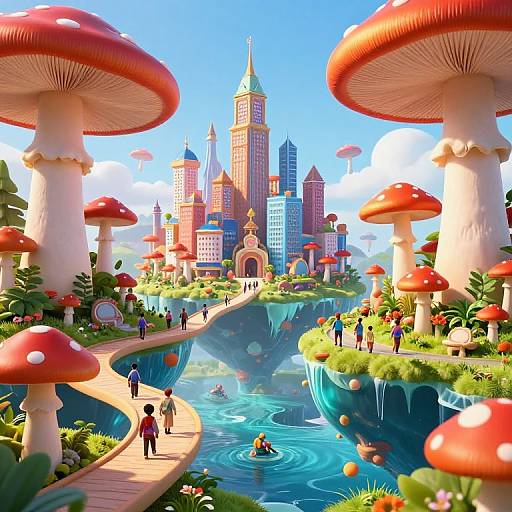 Whimsical digital artwork of a fantasy city with giant red-and-white mushrooms, blue waterways, and colorful buildings, surrounded by lush greenery and