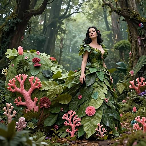 Woman in Leaf Gown with Pink Coral in Forest