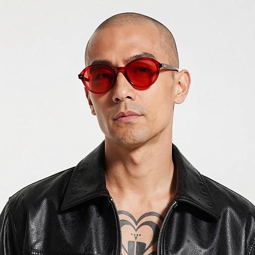 Bald Man with Red Sunglasses and Leather Jacket