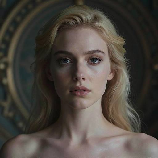 Photograph of a serious, fair-skinned blonde woman with blue eyes, slightly parted lips, and soft, wavy hair against a dark, orn