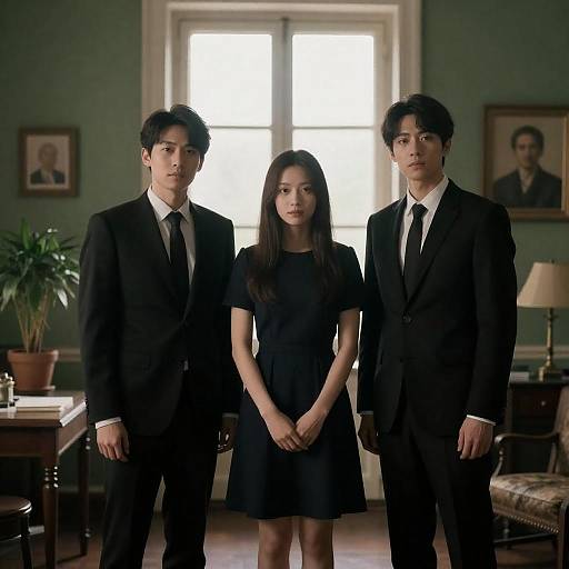 Three People in Formal Attire in Vintage Room