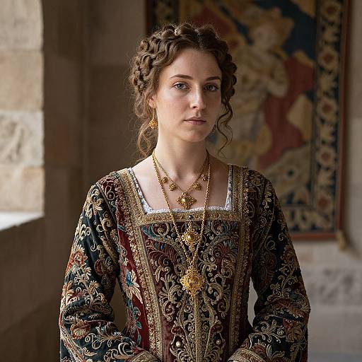 Photograph of a young woman with curly brown hair, wearing an intricately patterned medieval dress, gold jewelry, standing in a dimly lit room