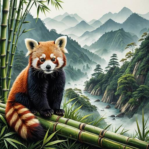Red Panda in Bamboo Forest with Misty Hills Red Panda in Bamboo Forest with Misty Hills