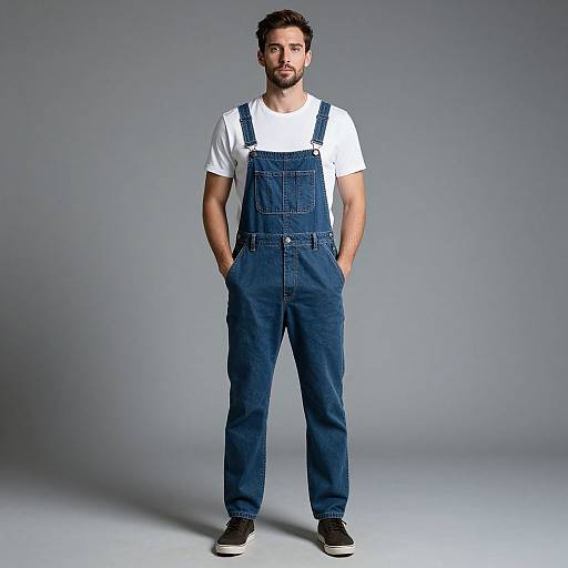 Photograph of a bearded man with short brown hair, wearing a white t-shirt and blue denim overalls, standing against a plain gray background.