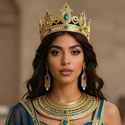 Photograph of a beautiful woman with olive skin, dark wavy hair, wearing a golden crown with turquoise gemstones, matching earrings, necklace, and