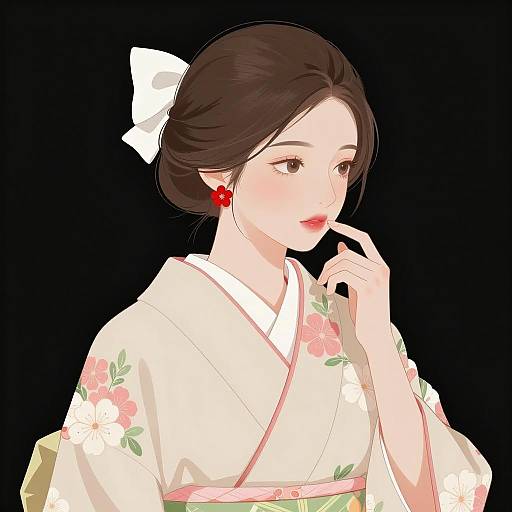 Contemplative Japanese Woman in Floral Kimono