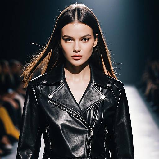 Fashion Model with Pin Straight Hair and Leather Jacket