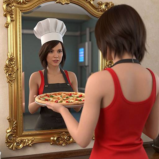 Digital artwork of a brunette woman in a white chef hat and red tank top, holding a pizza, reflected in an ornate gold mirror.