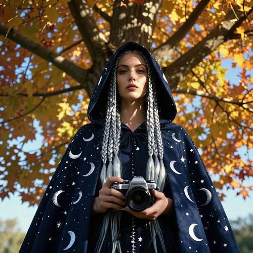 Photograph of a young woman with long silver braids, wearing a black hooded cloak with moon and star patterns, holding a camera, standing under