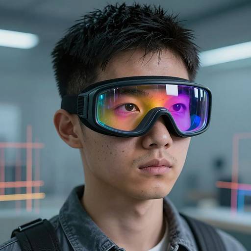 Photorealistic digital image of an Asian man with short black hair, wearing colorful VR goggles, gray jacket, and neutral expression, in a modern,