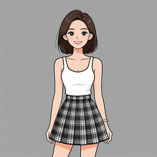 Digital anime-style drawing of a smiling woman with shoulder-length brown hair, wearing a white tank top and black plaid skirt, against a gray background.