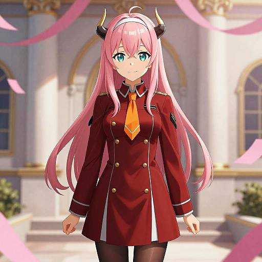 Anime-style digital illustration of a pink-haired girl with horns, green eyes, wearing a maroon military-style jacket, orange tie, and black stockings,