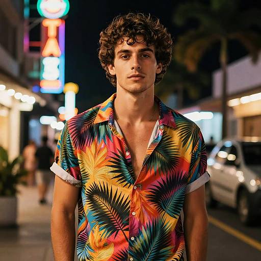 Photograph of a young, curly-haired man with a lean build, wearing a vibrant, colorful tropical-patterned shirt, standing on a brightly lit,