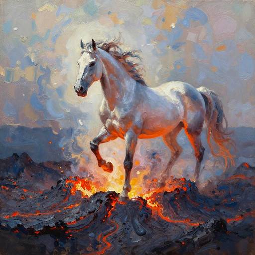 Digital painting of a white horse with a glowing mane, standing on a fiery, molten landscape with vibrant orange and red tones, and a smoky