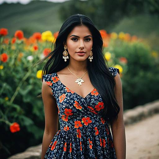 Dark-Skinned Woman in Floral Dress Outdoors