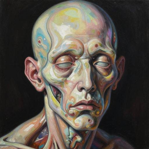Digital painting of a bald, humanoid figure with a glossy, iridescent skin texture, featuring multicolored reflections, closed eyes, and a som