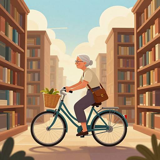 Digital illustration of an elderly woman with gray hair, glasses, white blouse, and dark pants, riding a blue bicycle through a sunlit library aisle,