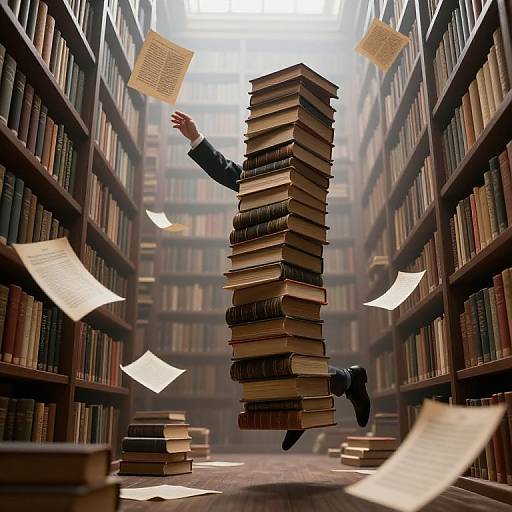 Photograph of a person in a dark suit, mid-air, surrounded by flying books and papers, between towering bookshelves in a vast library.