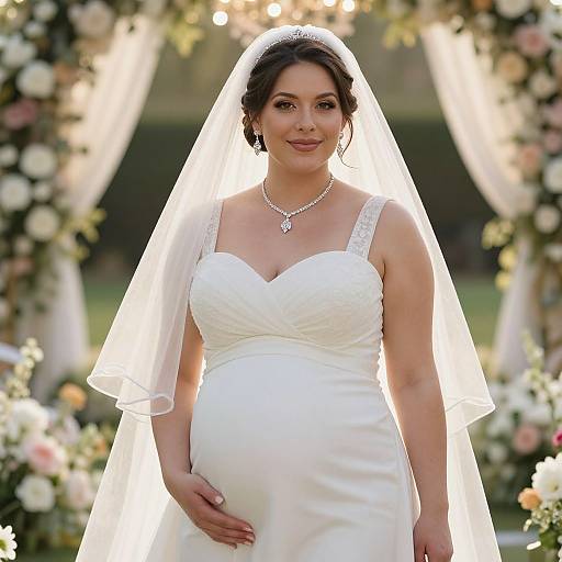 Photograph of a pregnant bride in a white strapless wedding dress and veil, standing in front of a floral archway.