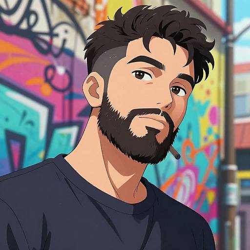 Digital anime-style portrait of a bearded, dark-haired man with a cigarette, wearing a black shirt, standing in a colorful graffiti-laden urban alley