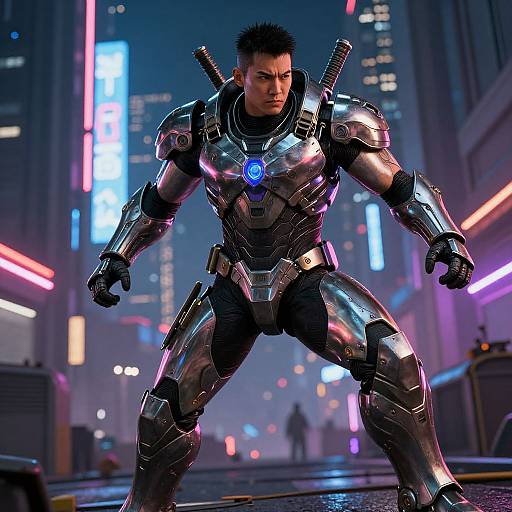 Photorealistic CGI of a muscular man in futuristic, silver metallic armor with glowing blue chest emblem, standing in a neon-lit, cyberpunk city