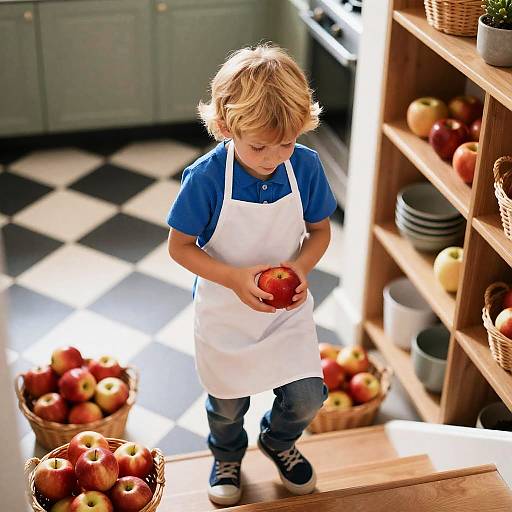 Young Boy in Kitchen with Red Apples