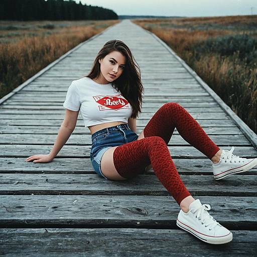 Young Woman Relaxing on Wooden Boardwalk