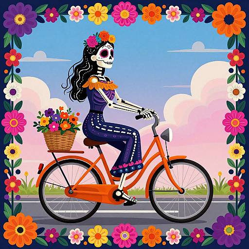 Colorful digital illustration of a skeletal woman with long black hair, wearing a flower crown and blue embroidered dress, riding an orange bike with a flower basket