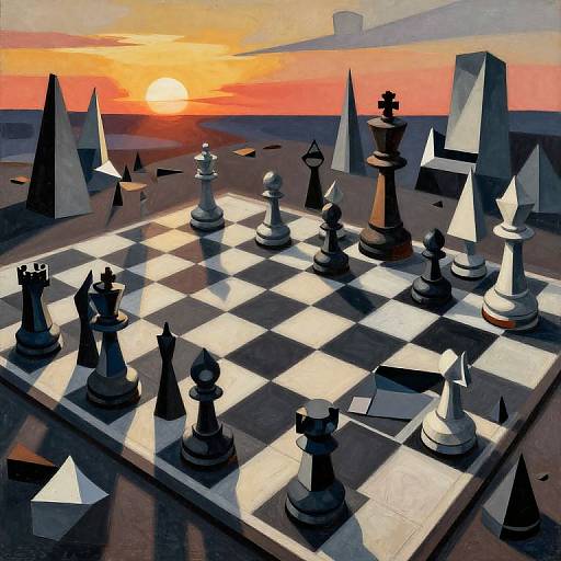 Digital painting of a surreal chessboard at sunset, with oversized chess pieces and geometric shapes against a vibrant orange sky.