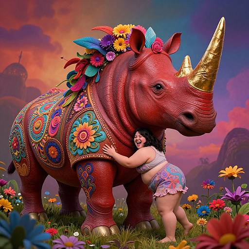 Digital art: Curvy woman with dark hair and floral skirt hugs vibrant, gold-horned, flower-adorned rhino in colorful field at