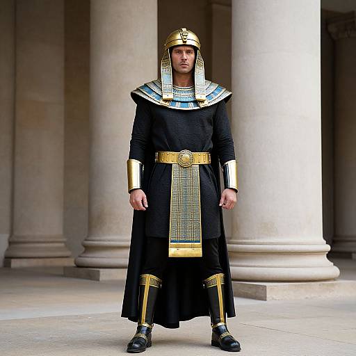 Photograph of a man in an Egyptian pharaoh costume with black robe, gold armor, blue and gold collar, and headdress, standing in front
