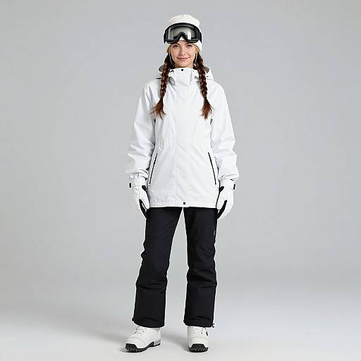 Photograph of a young girl with long brown braids, wearing a white ski jacket, black pants, white gloves, white boots, and black ski