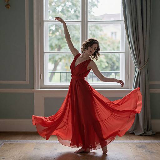 Photograph of a graceful woman in a flowing red dress, posing elegantly with arms raised, standing in front of a sunlit window with blue curtains