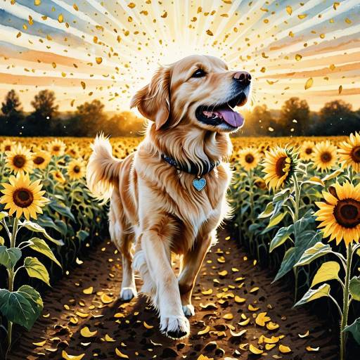 Golden Retriever in Sunflower Field at Sunset