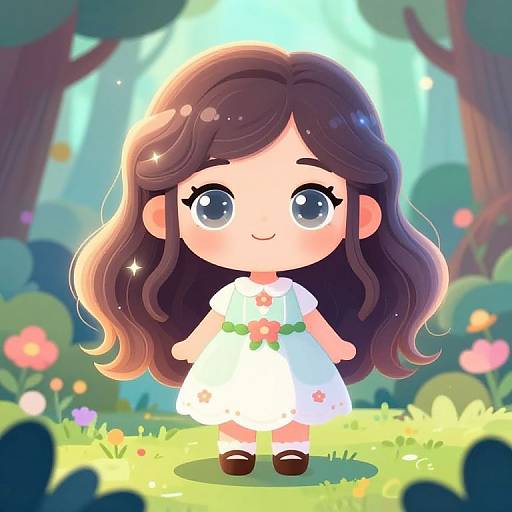 Cute chibi-style girl with long brown hair, blue eyes, wearing a white dress with a pink flower, standing in a sunlit forest with