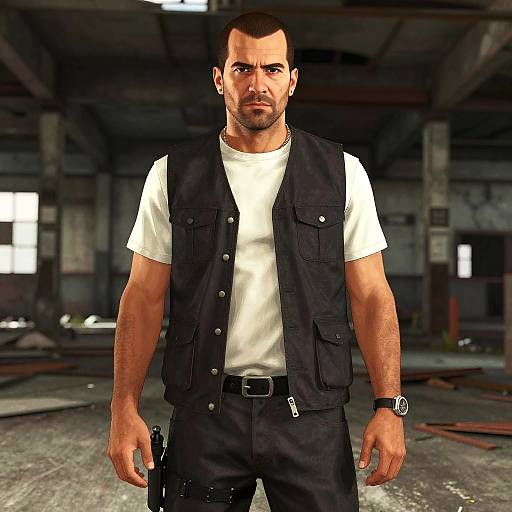 Photograph-style CGI of a muscular, bearded man in a white t-shirt and black vest, standing in a dark, abandoned warehouse, with a