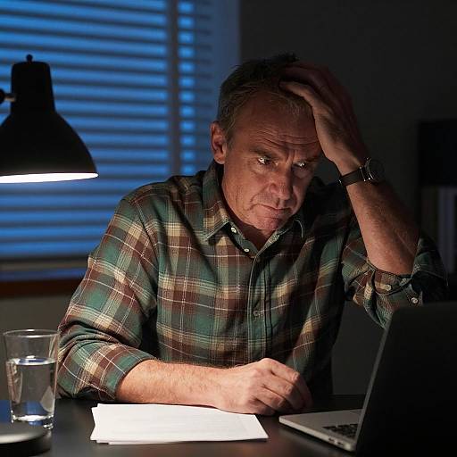 Concentrated Man in Dimly Lit Office