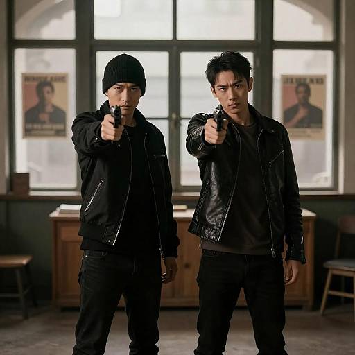 Two Men Pointing Guns at Camera