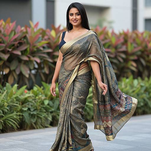 Confident Woman in Patterned Saree Gown