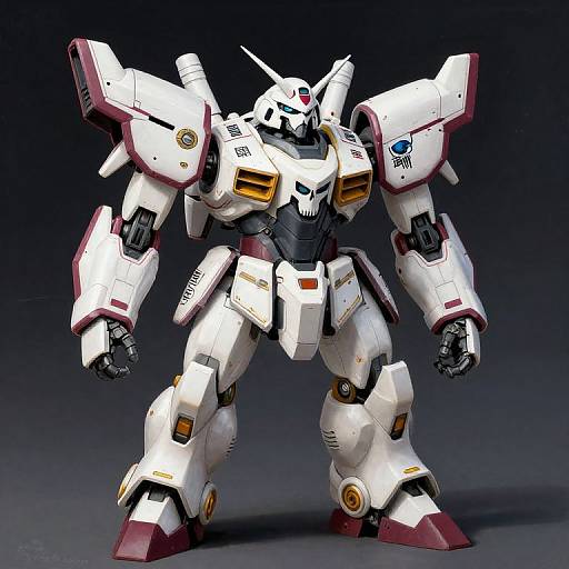 Photograph of a white and red robotic mecha with orange accents, standing in a dark gradient background, featuring intricate mechanical details and a menacing stance.