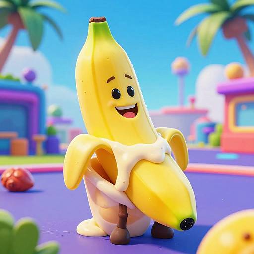 Digital CGI image of a cheerful, anthropomorphic banana character with a yellow peel, white stem, and brown feet, standing in a vibrant, cartoonish