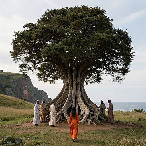 Photograph of a large, twisted tree with thick roots, surrounded by nine people in traditional robes, with one in an orange robe walking forward. Cliff