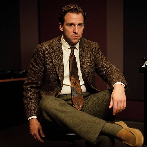 Photograph of a serious-looking man with short brown hair, wearing a brown textured blazer, white shirt, patterned tie, and gray trousers,