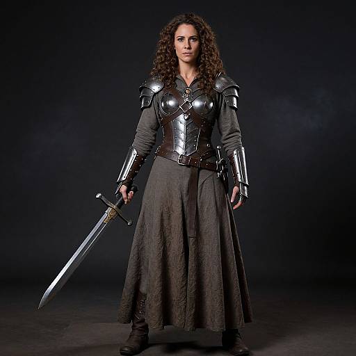 Photograph of a dark-haired woman in medieval armor, holding a sword, standing against a black background. She wears a long gray tunic with shiny