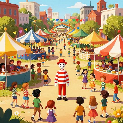 Vibrant digital illustration of a bustling outdoor festival with diverse children, colorful tents, a clown in red and white stripes, and city buildings in the